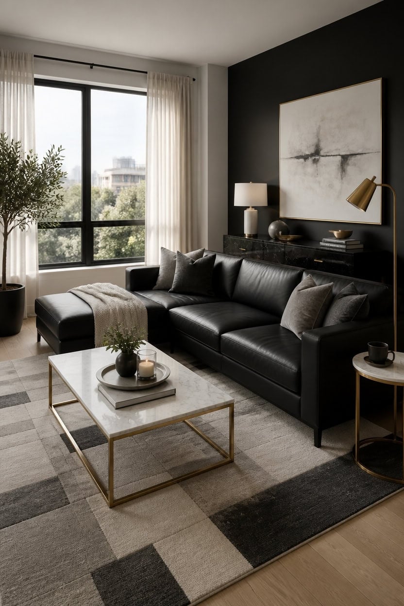 black white gray gold living room