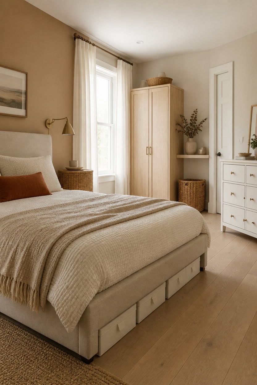 Bright bedroom featuring a large window, beige walls, and minimalist furniture for a comfortable living space.