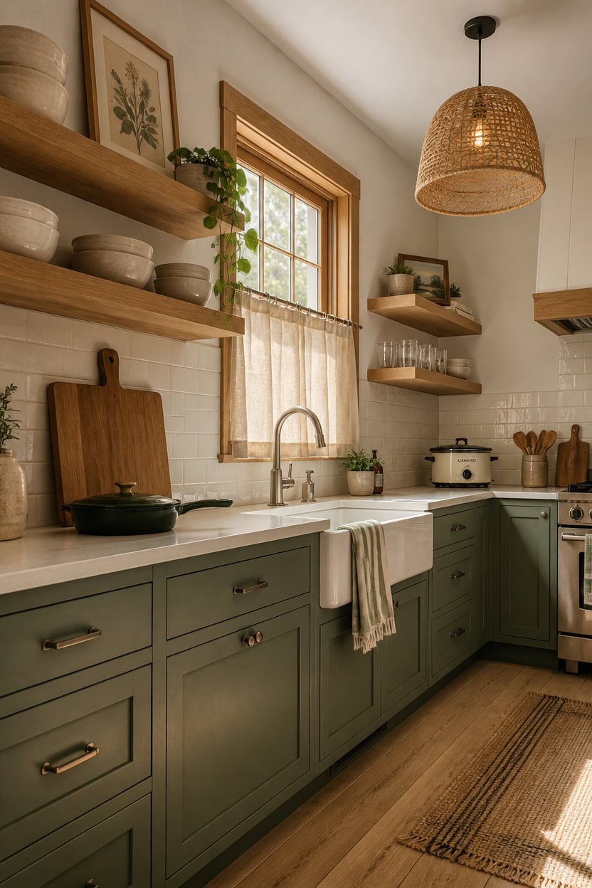 Bright kitchen featuring green cabinetry, open wooden shelves, and a large window with natural sunli.
