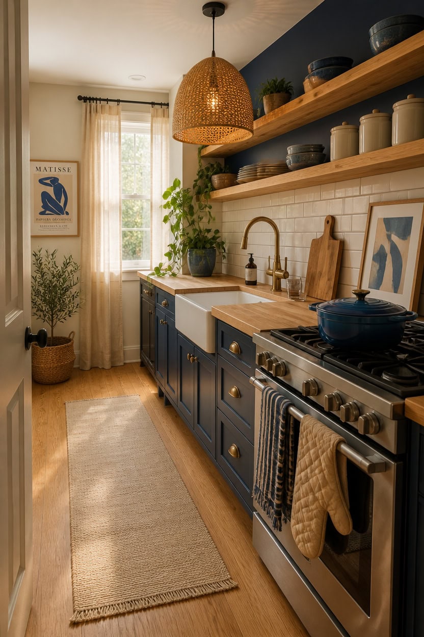 Stylish kitchen featuring navy blue cabinets, open wooden shelves, and natural light.