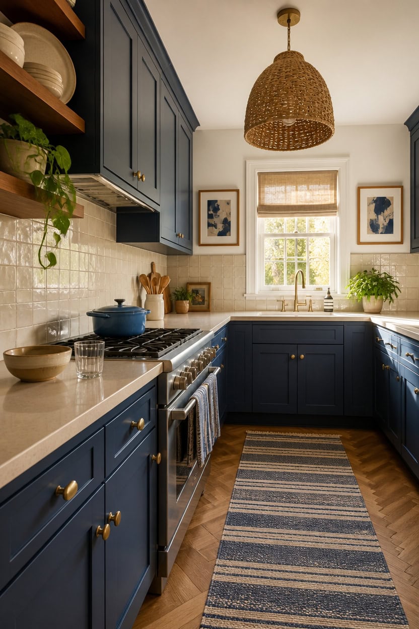 Bright kitchen featuring navy blue cabinets and a large window.