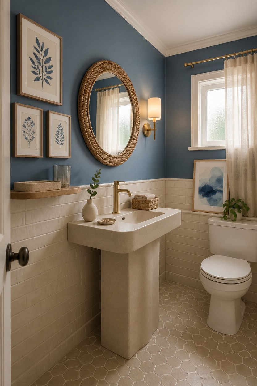blue and beige bathroom d cor
