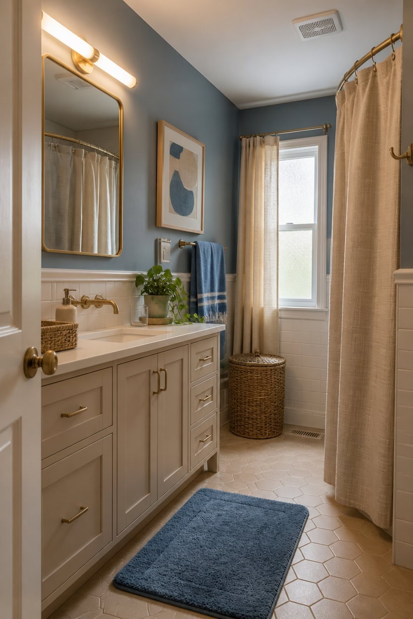 Bright bathroom featuring a white vanity, mirror, and window with beige curtains.