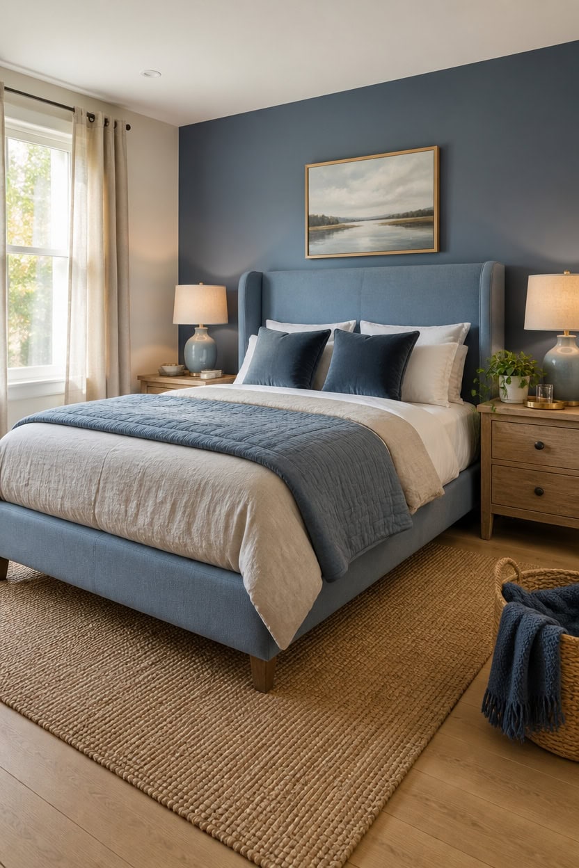 Comfortable bedroom featuring a blue accent wall, large window with curtains, and modern decor.