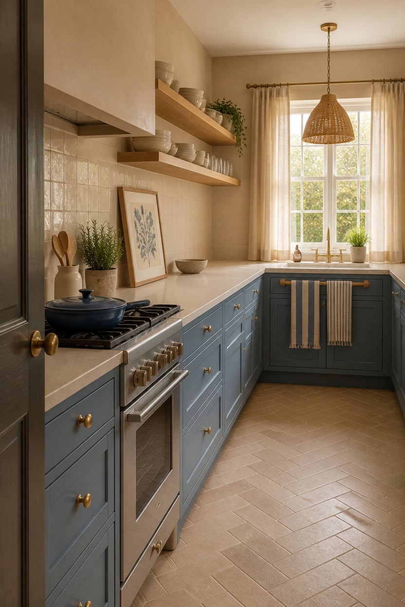 Bright kitchen with blue cabinets, open shelves, and large window letting in natural light.
