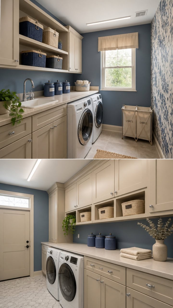 Bright laundry room featuring blue walls, white cabinetry, and modern appliances. Perfect for a func.