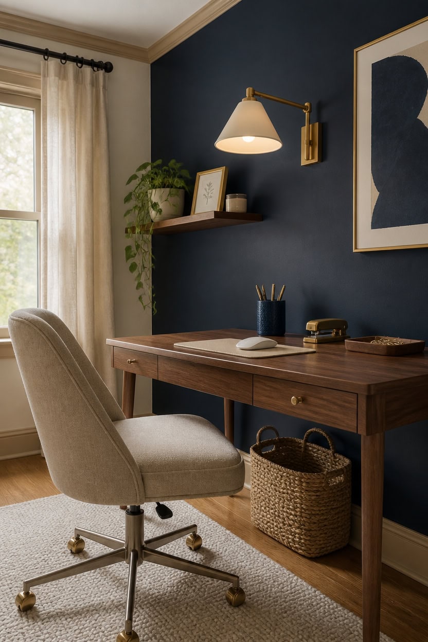 Home office with wooden desk, beige chair, and stylish decor.