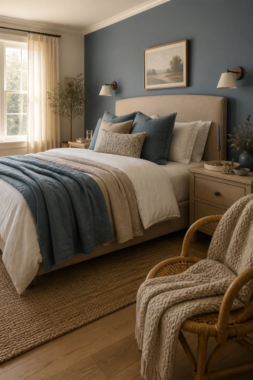 Bright bedroom with a blue accent wall, beige bed, and natural light from large window. Stylish deco.