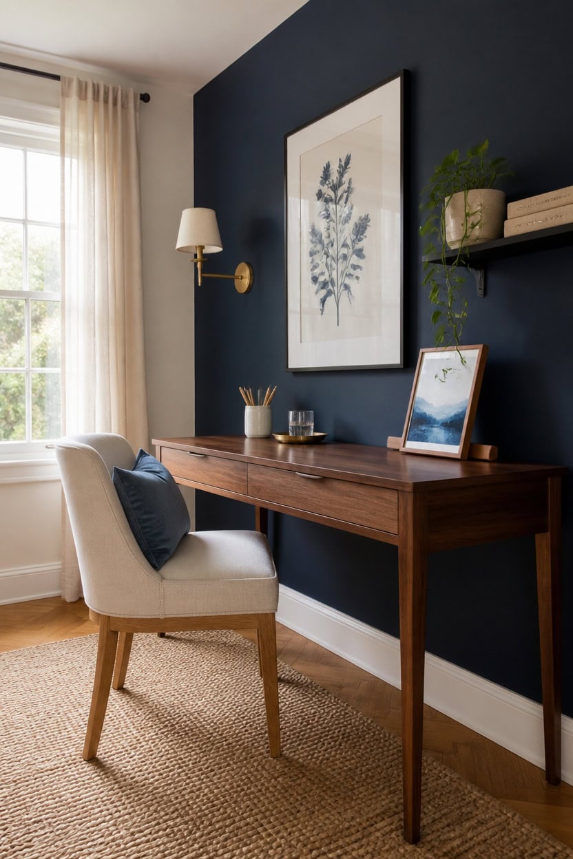Home office workspace with wooden desk, beige chair, and decorative wall art.