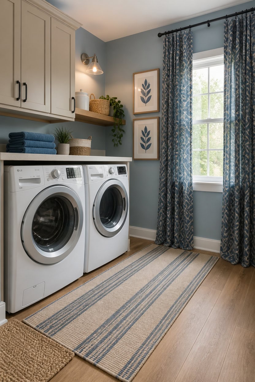 Laundry room with washer, blue curtains, wall art, and organized shelves.