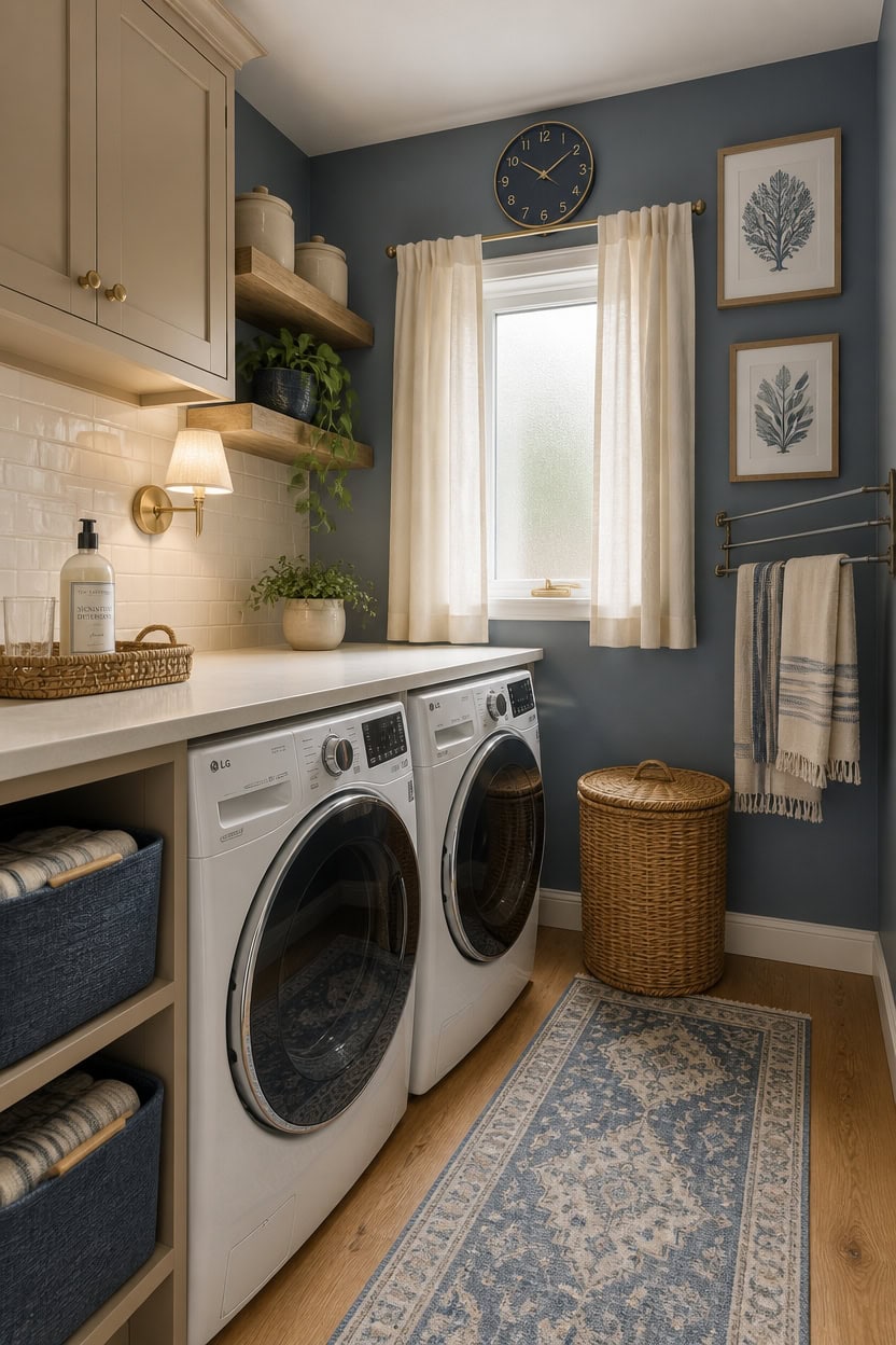 Bright laundry room with washer, shelves, and decorative wall art.