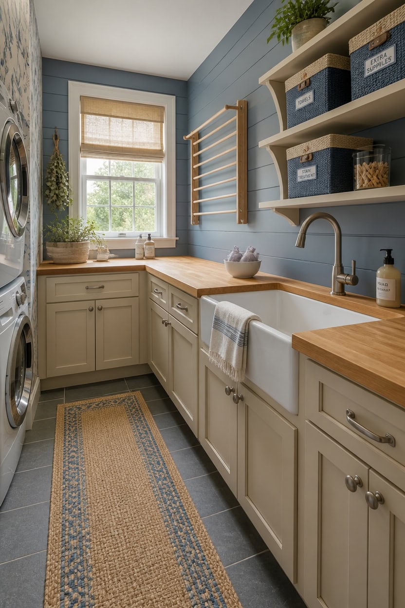 Bright kitchen with blue walls, white cabinetry, and wooden accents, perfect for apartment living.