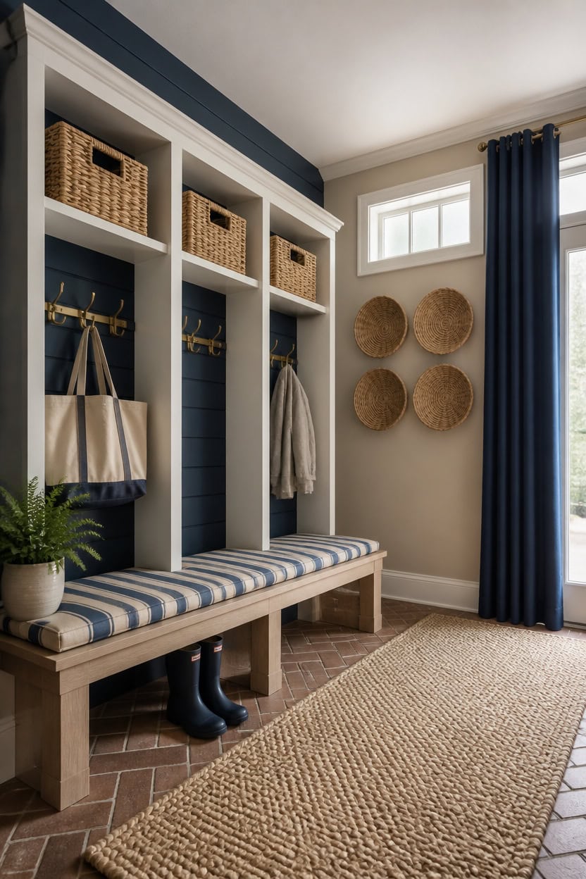 Entryway with built-in storage, bench, and decorative wall accents in a modern apartment.