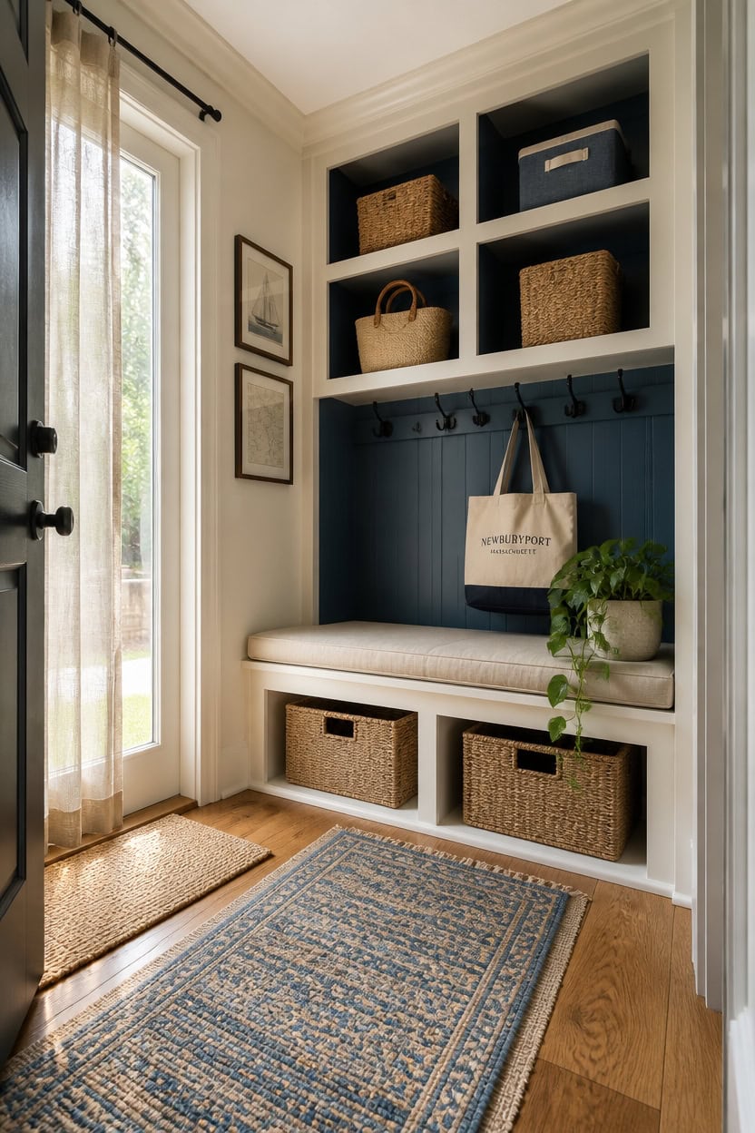 Entryway with built-in storage bench, baskets, and hooks for organization.