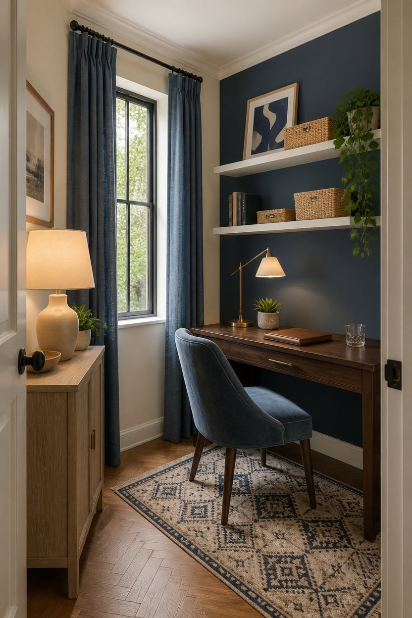 Home office with navy walls, window, desk, and decorative shelves.