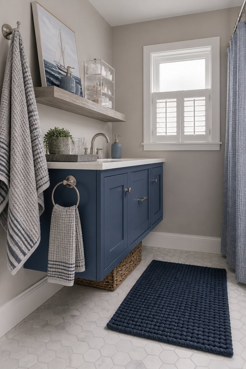Bright bathroom featuring a blue vanity, white window shutters, and modern decor.
