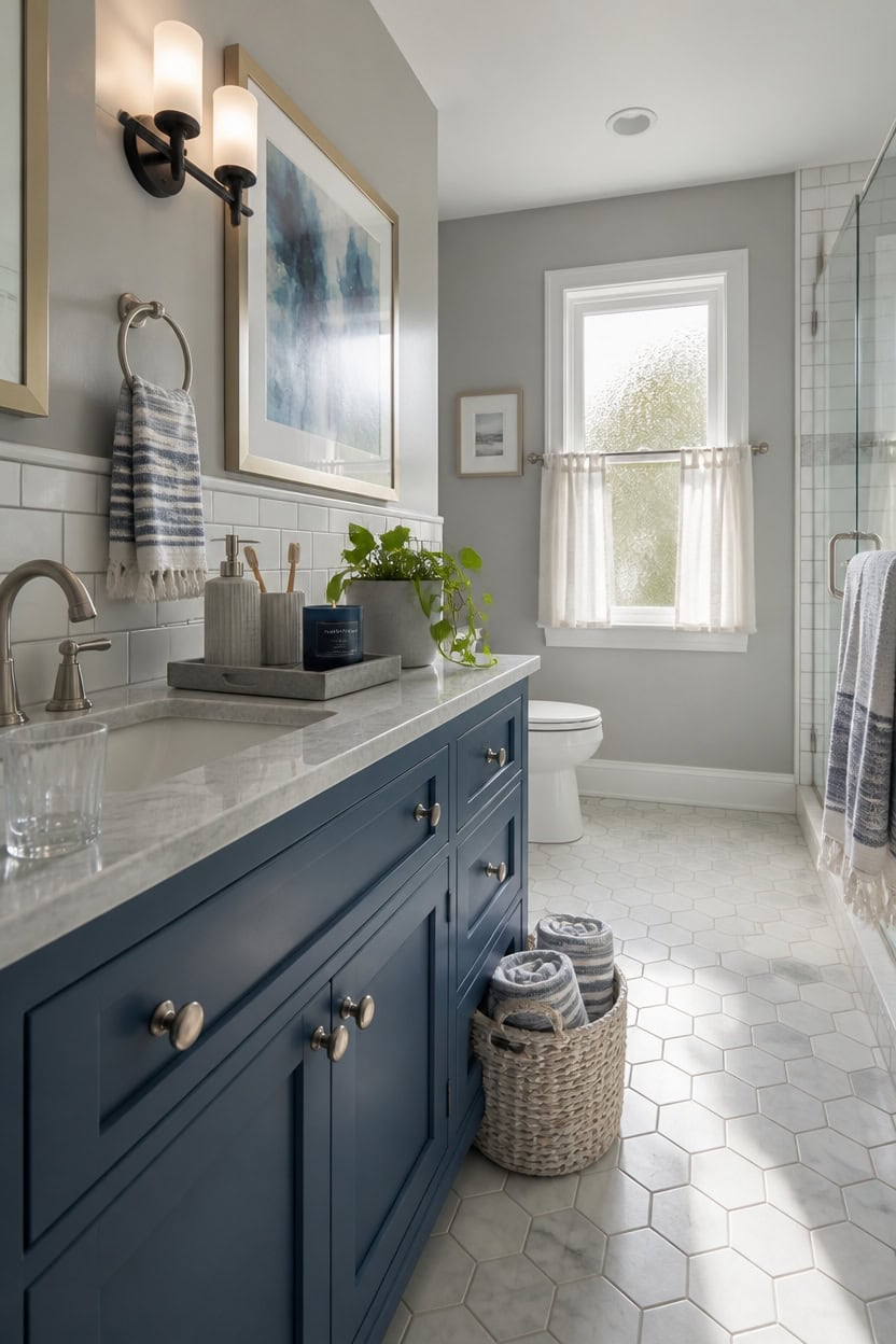 Bright bathroom featuring a blue vanity, white hex tile floor, and a large window with sheer curtain.
