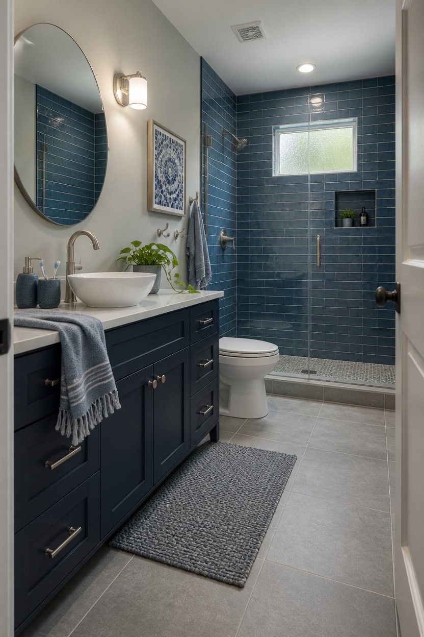 Modern bathroom featuring a blue-tiled shower, white fixtures, and a navy vanity with a round mirror.