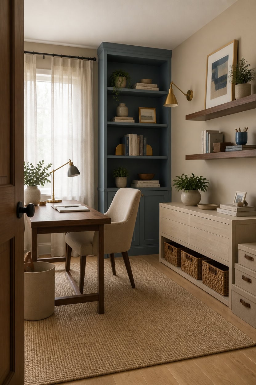 Bright home office with a blue bookshelf, desk, and natural light.