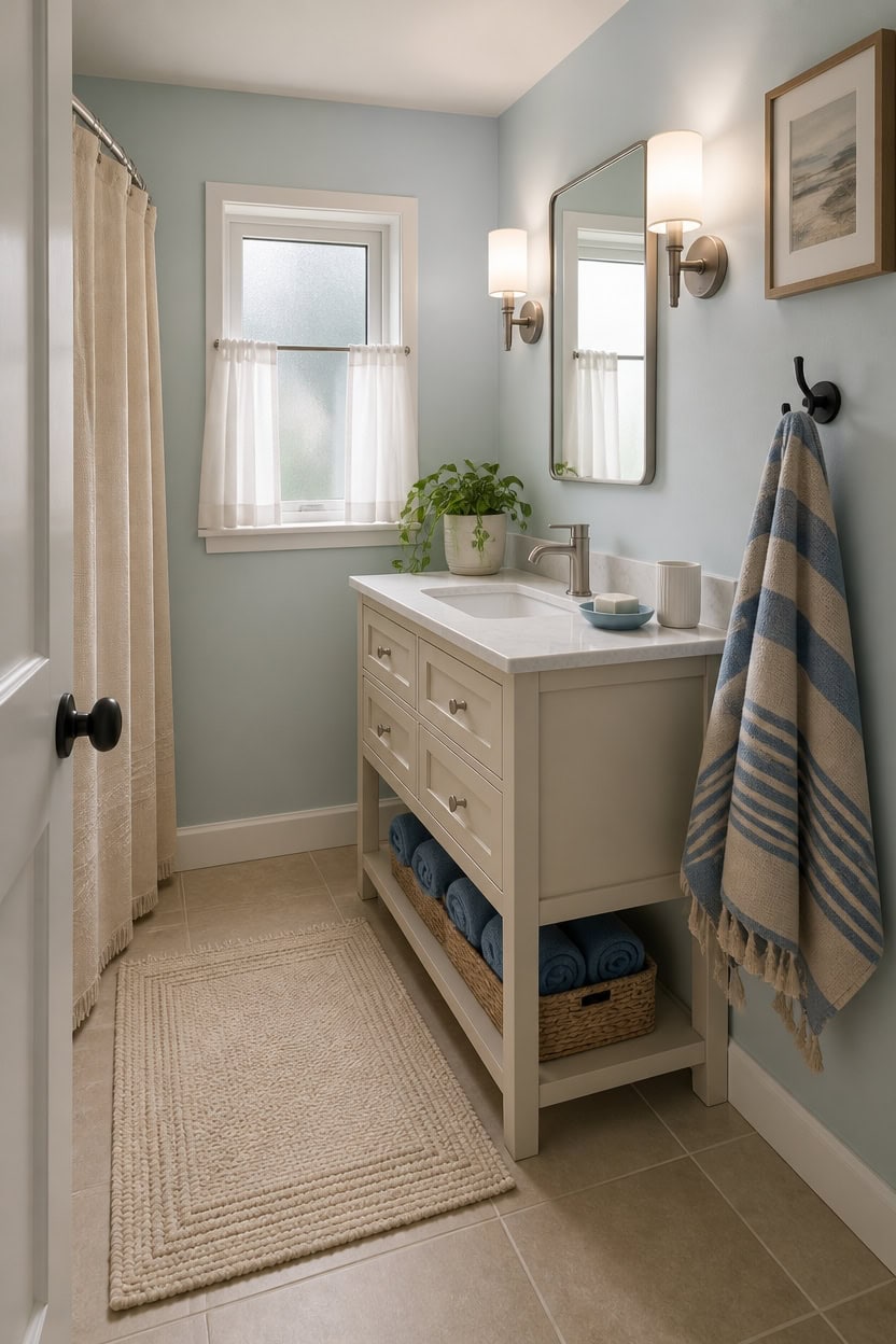 Bright bathroom featuring a white vanity with a mirror, wall-mounted lights, and a window with sheer.