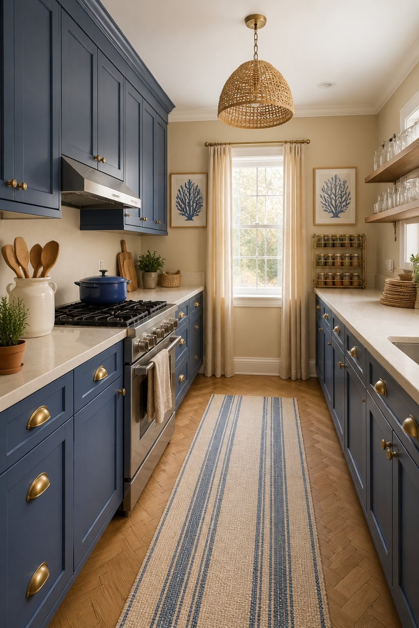 Bright kitchen with blue cabinets, natural light, and cozy decor.