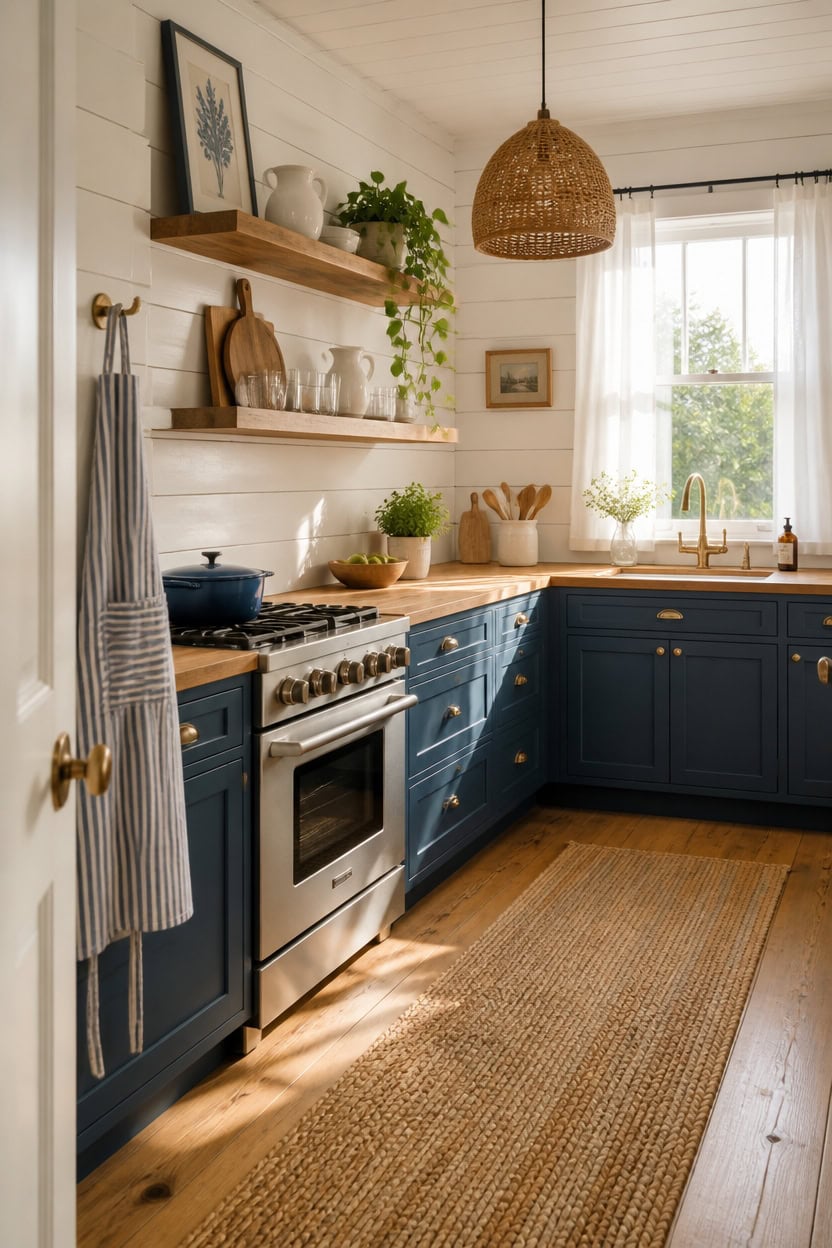 Bright kitchen with blue cabinets, open shelving, and natural sunlight streaming through a window.