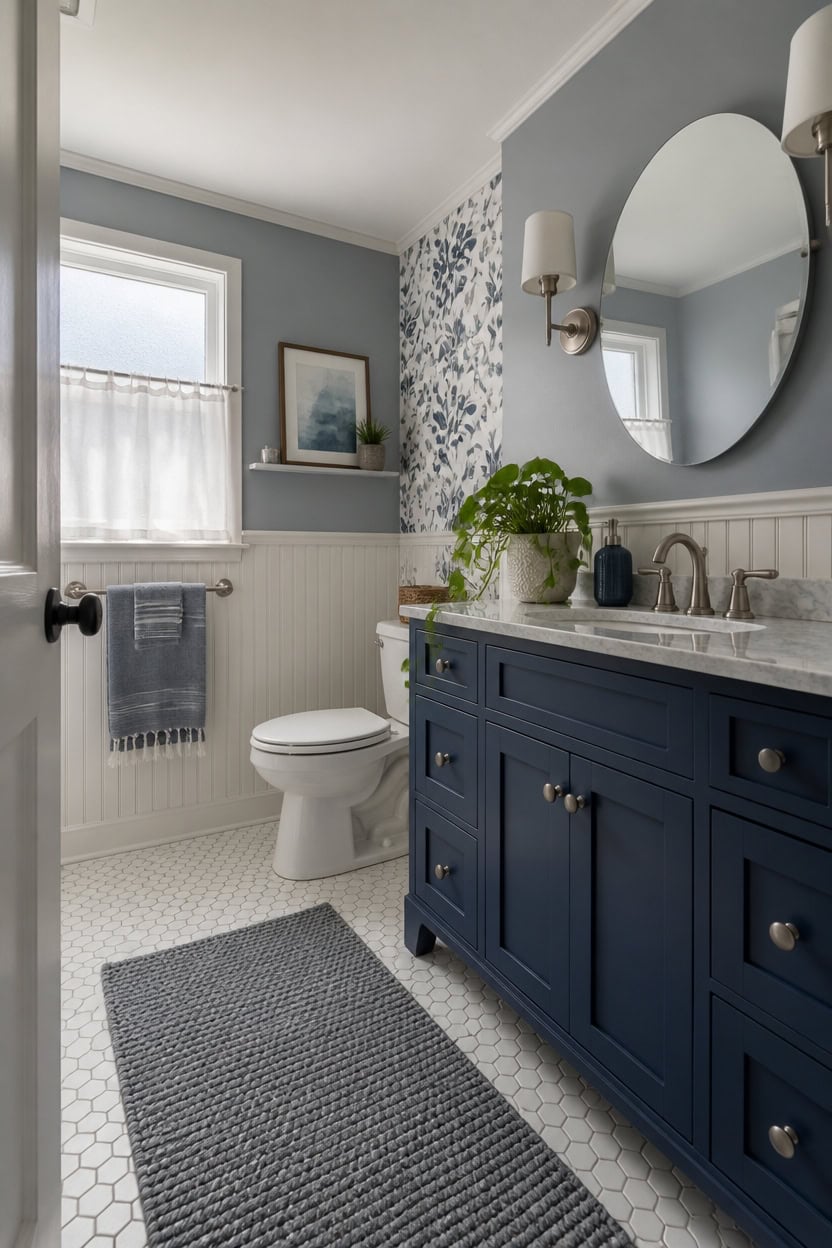 Bright bathroom featuring a navy blue vanity, round mirror, and patterned wallpaper.