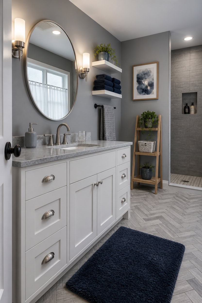 Bright bathroom with white vanity, large mirror, and organized shelves.
