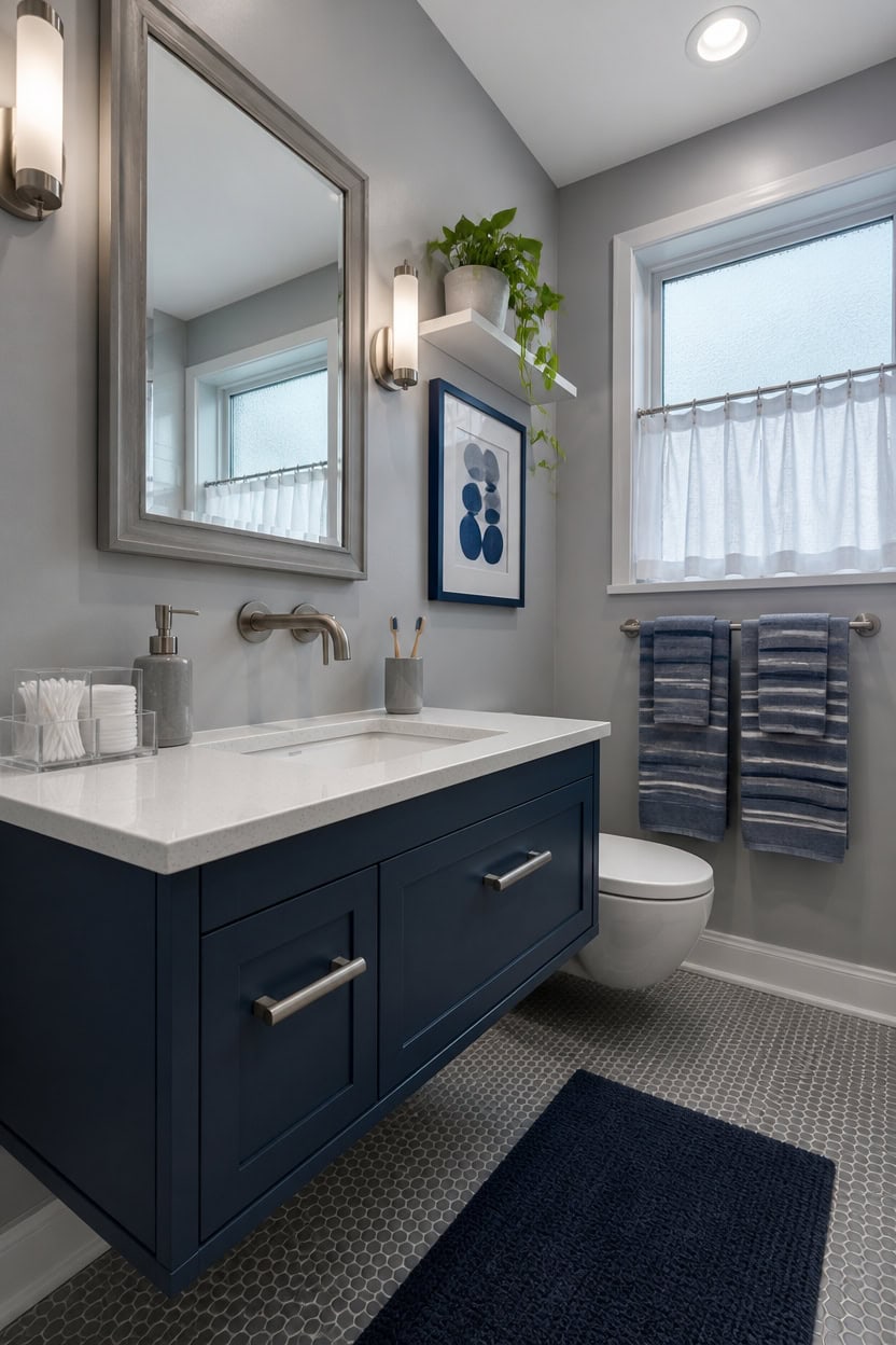Modern bathroom with navy blue vanity, large mirror, and natural light from window.
