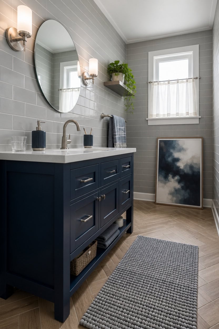 Bathroom vanity with navy blue cabinet, round mirror, and natural light.