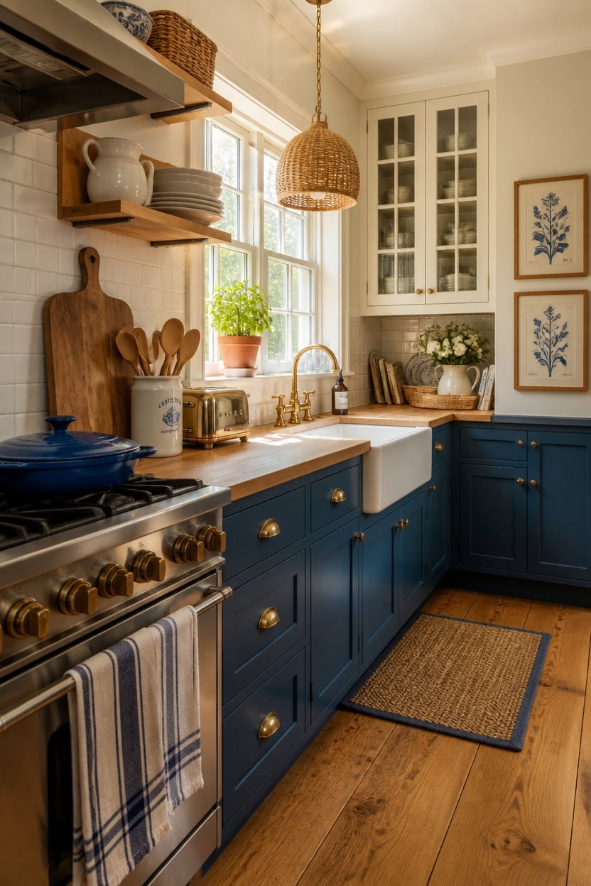 Bright kitchen with blue cabinets, white backsplash, and wooden accents.