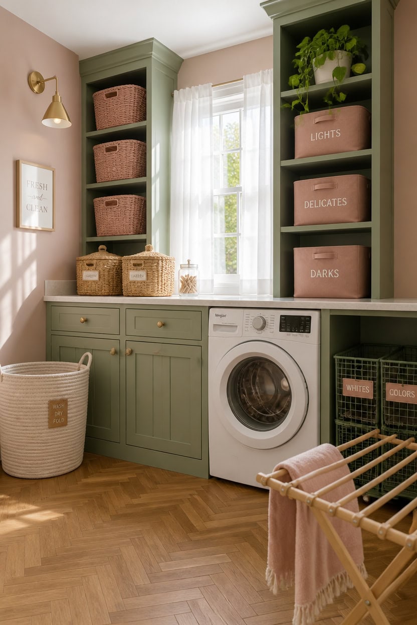 Bright laundry room featuring green cabinetry, woven baskets, and organized storage boxes for a tidy.