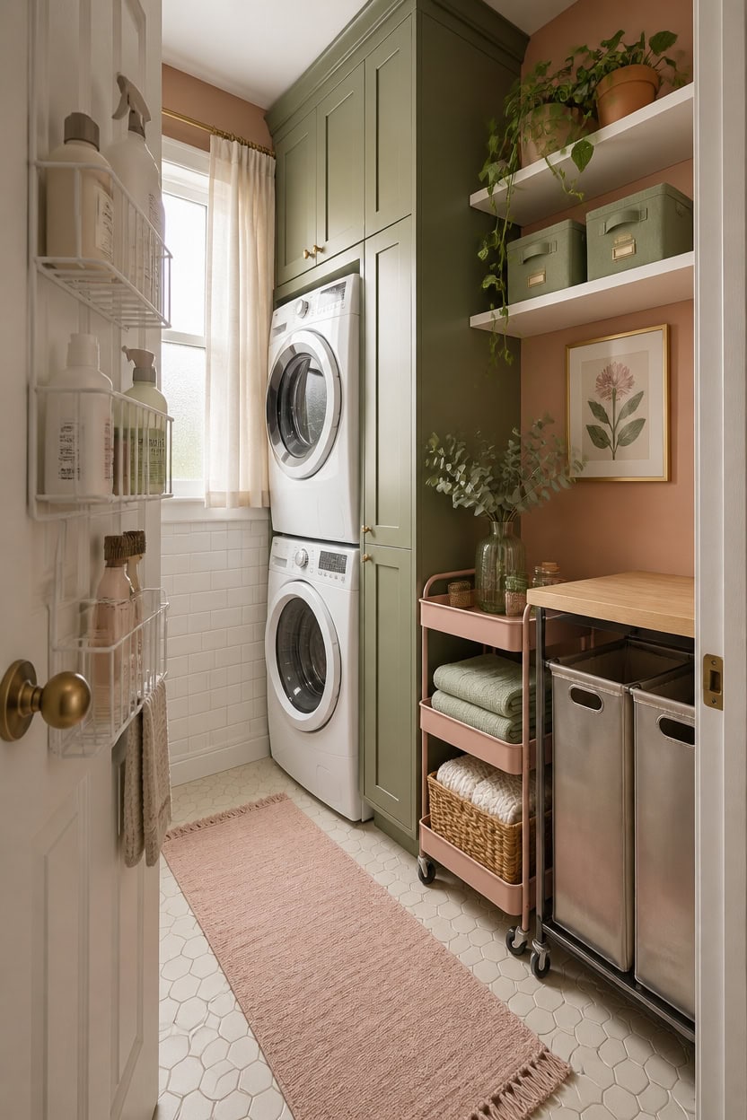 Small laundry room with stacked washer and dryer, green cabinets, and storage shelves.