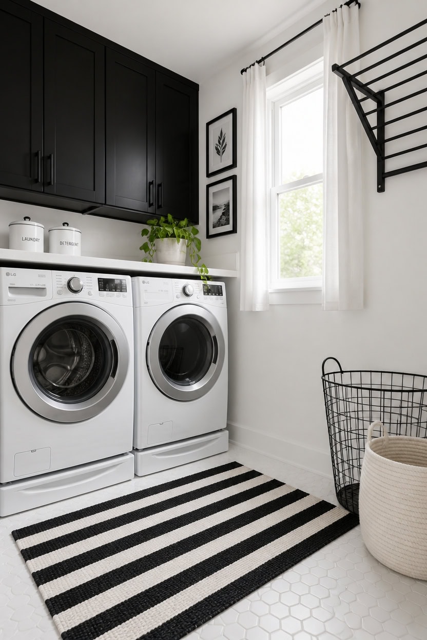 Bright laundry room with washer, dryer, black cabinets, and natural light.