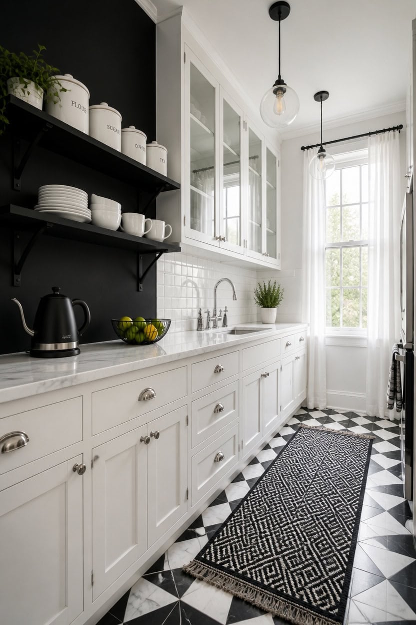 Bright white kitchen with black shelving, checkered floor, and large window.