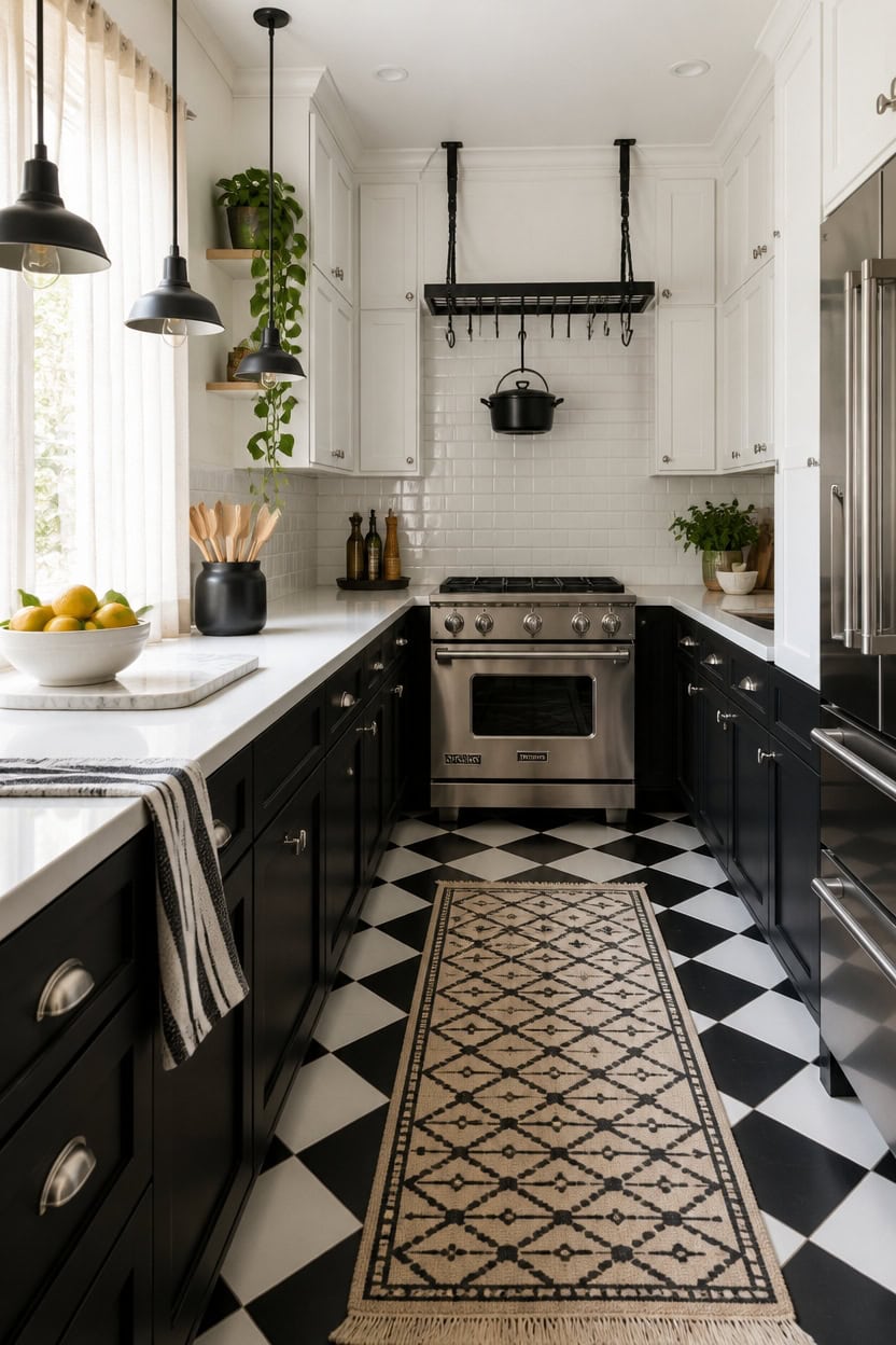 Stylish black and white kitchen with stainless steel stove and modern decor.