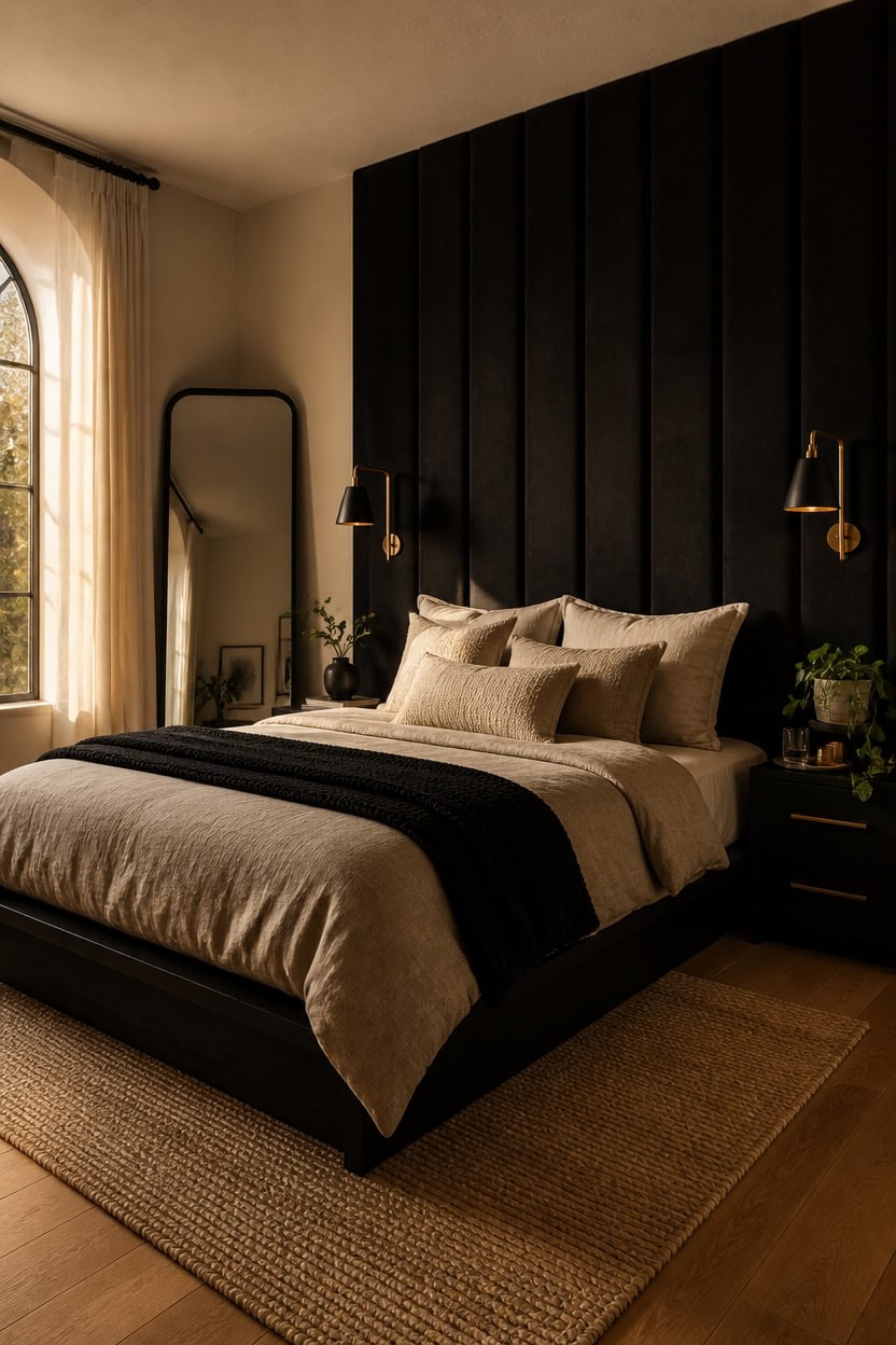 Cozy bedroom featuring a large bed with beige and black bedding, black accent wall, and natural sunl.