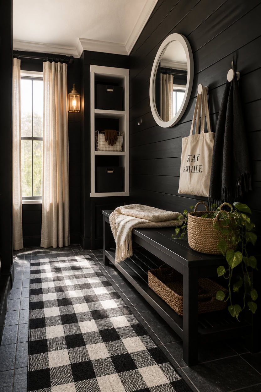 Stylish entryway featuring a black accent wall, mirror, and storage bench with decor accents.