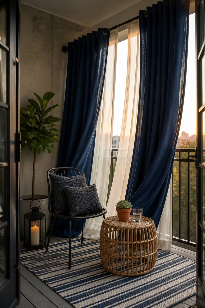 Bright balcony with navy blue curtains, a rattan table, and a potted plant, offering a relaxing outd.