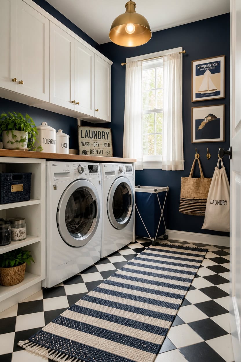 Bright laundry room with front-loading washer and dryer, navy blue walls, white cabinetry, and styli.