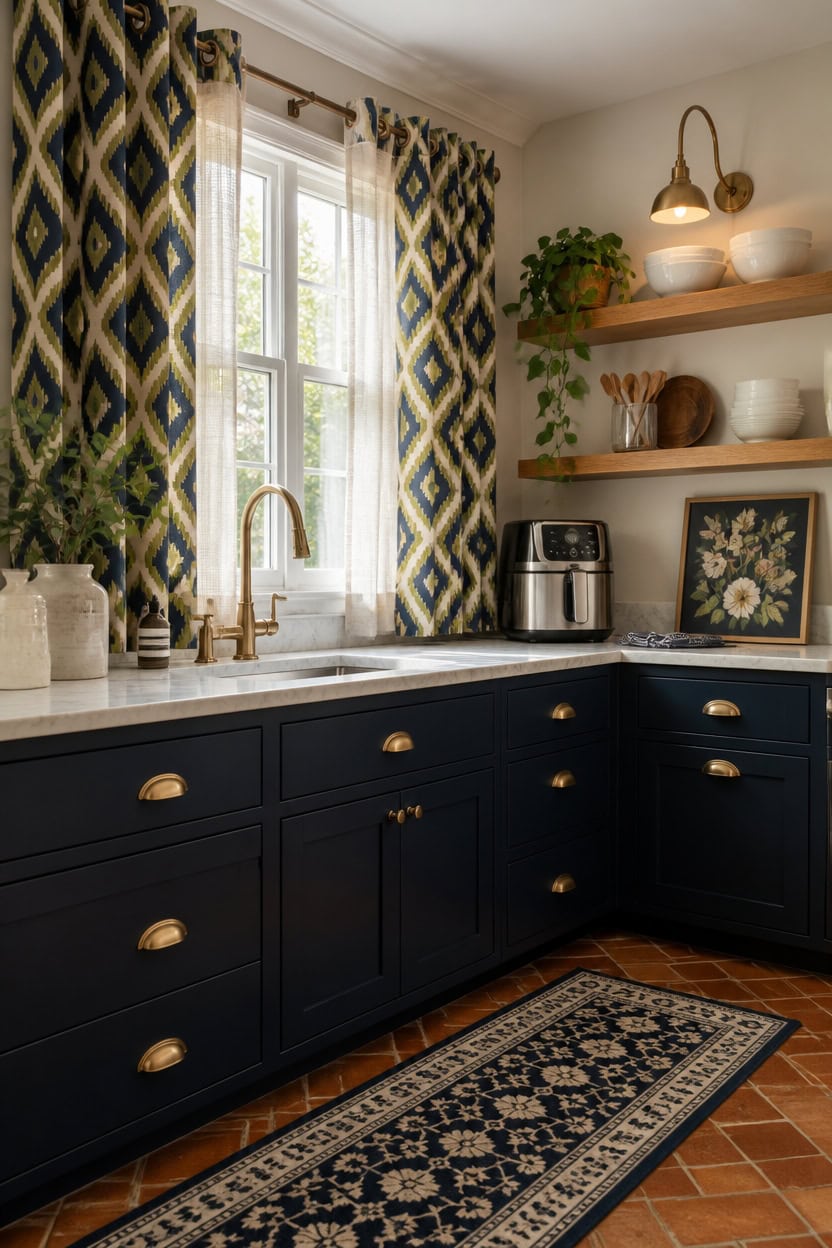 bold navy patterned kitchen curtains