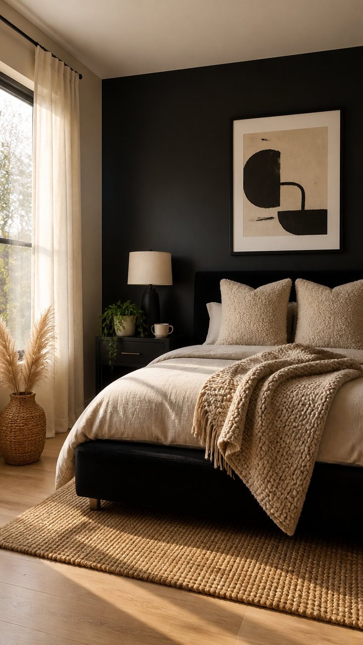 Cozy bedroom featuring a black accent wall, neutral bedding, and stylish decor, creating a warm and.