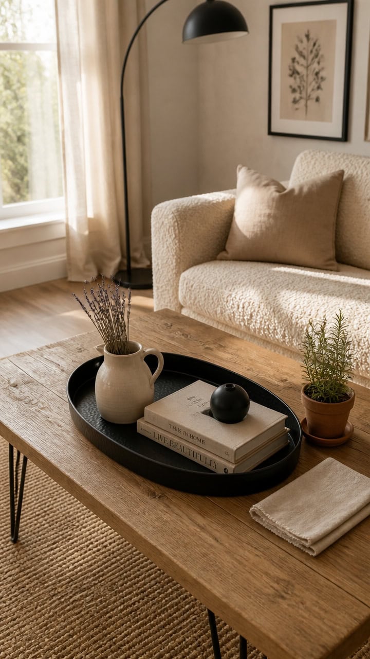 Bright living room with beige sofa, decorative pillows, and natural sunlight streaming through curta.