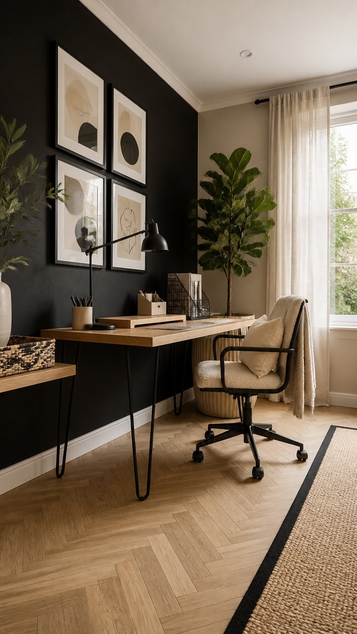Home office with black accent wall, framed artwork, and lush green plants for a stylish workspace.