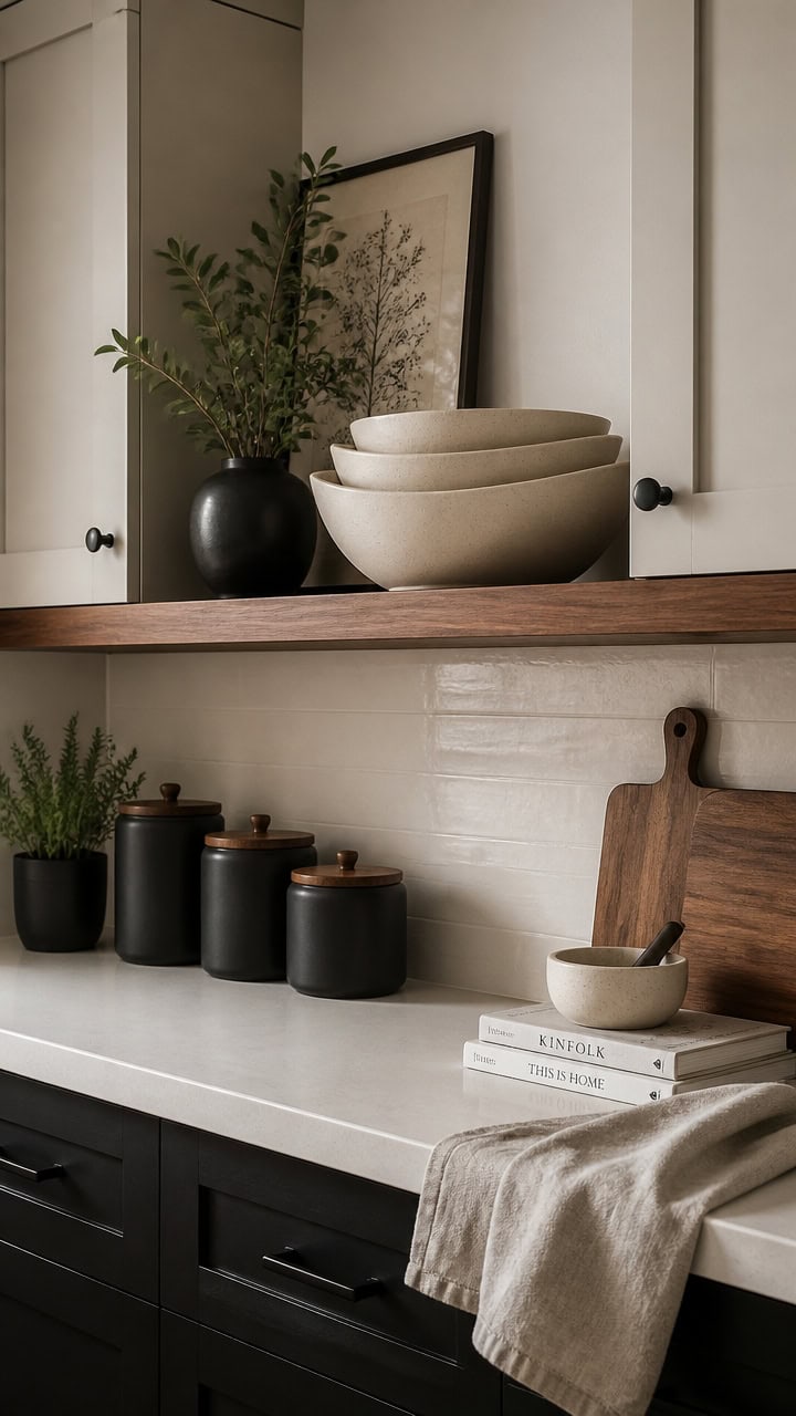Stylish kitchen shelf with black jars, framed art, and decorative bowls in a contemporary home.