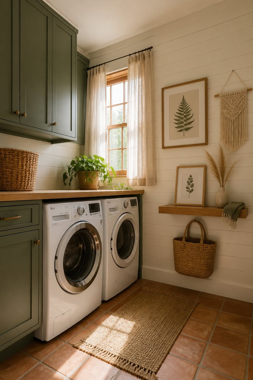 Laundry room with green cabinets, washer, natural light, and decorative wall art.