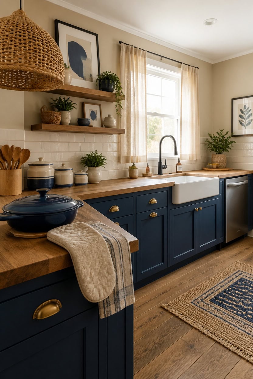 Bright kitchen featuring navy blue cabinets, a farmhouse sink, and open wooden shelves with plants a.