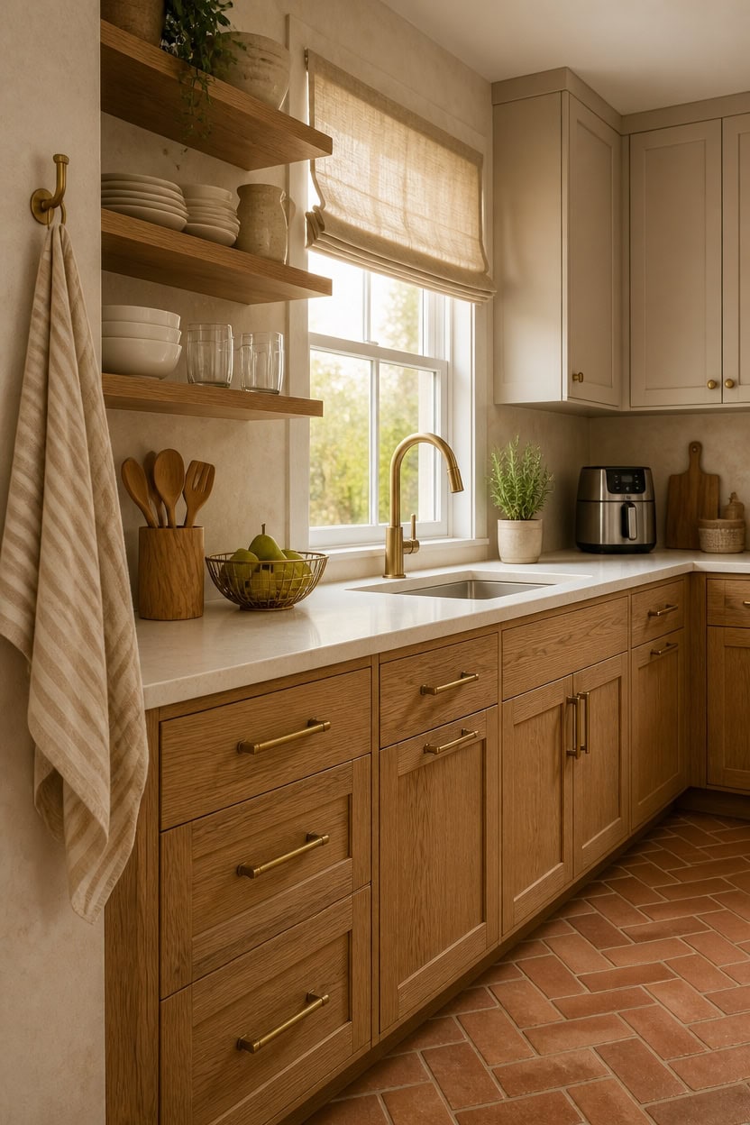 Bright kitchen featuring wooden cabinets, open shelves, and a large window with natural light.