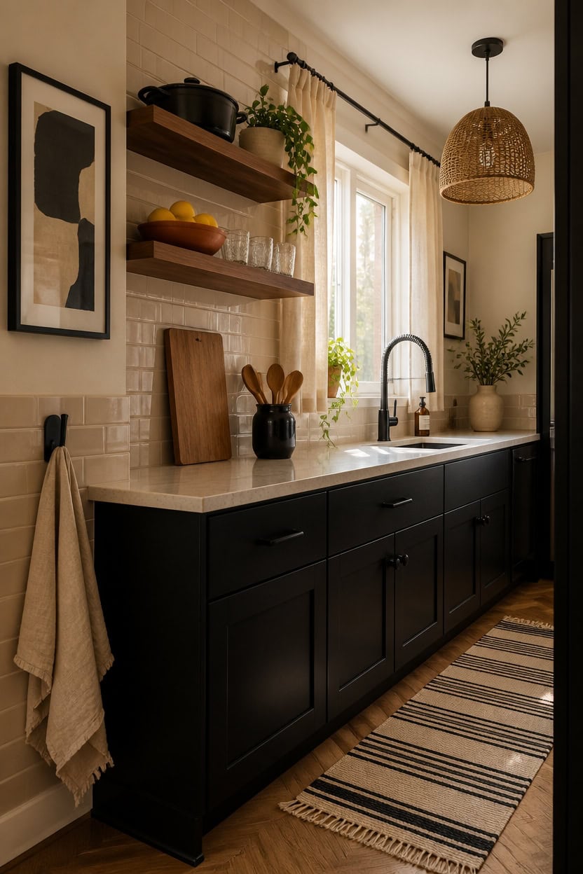 Modern kitchen with black cabinetry, open shelves, and natural light.