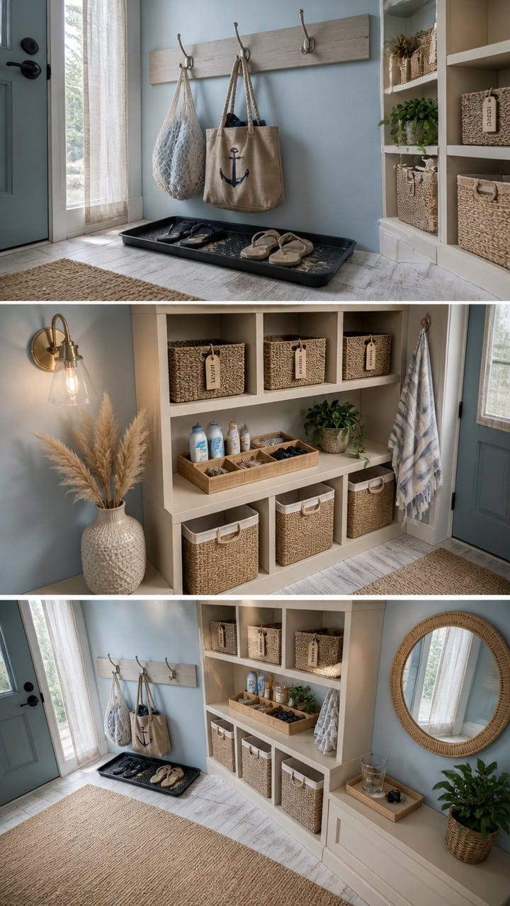 Bright entryway with wall hooks, baskets, and shoe storage for organized and welcoming home entry.